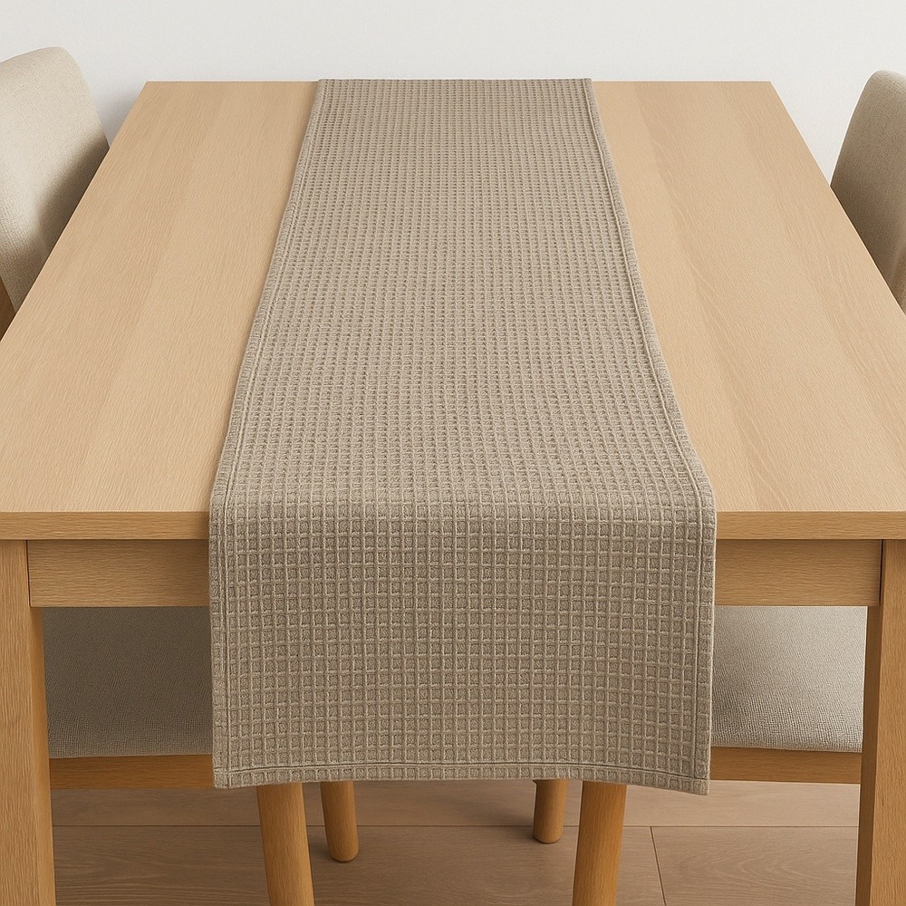 INUP Home Waffle‎ Table Runner 16x72 Beige Cotton Textured Neutral Made Portugal